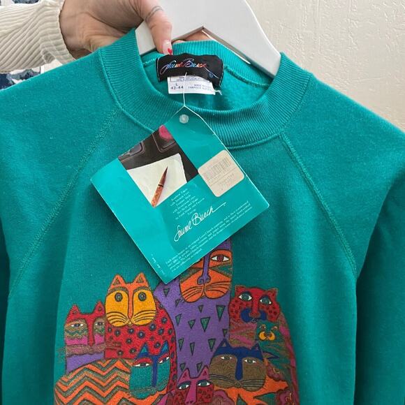 Vintage NWT 1980's Laurel Burch I Love Cats Teal Sweatshirt - Picture 9 of 9